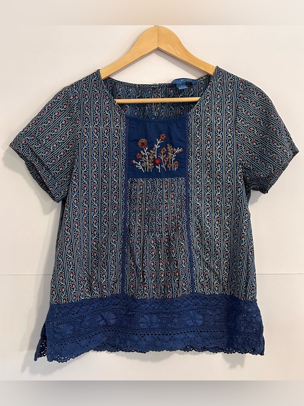 April Cornell 100% Cotton Embroidered Crochet Lace Blouse Blue Women's Small